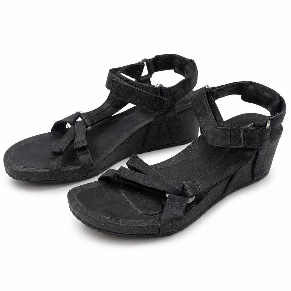 Teva Ysidro Universal Black Leather Wedge Sandals Women's Size 7.5